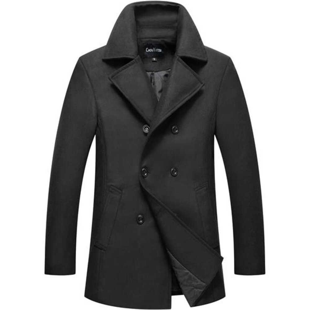 Men's Classic Notched Collar Double Breasted Wool Blend Pea Coat